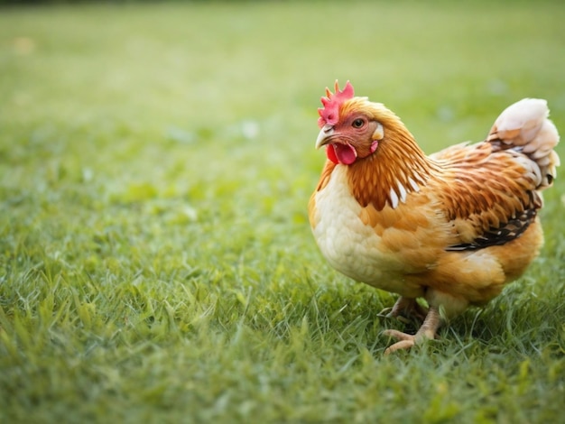 Beautiful Rooster standing on the grass in blurred nature green background