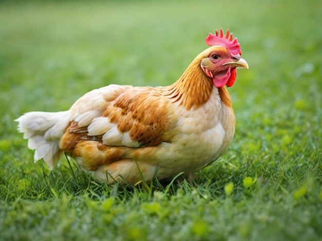 Beautiful Rooster standing on the grass in blurred nature green background