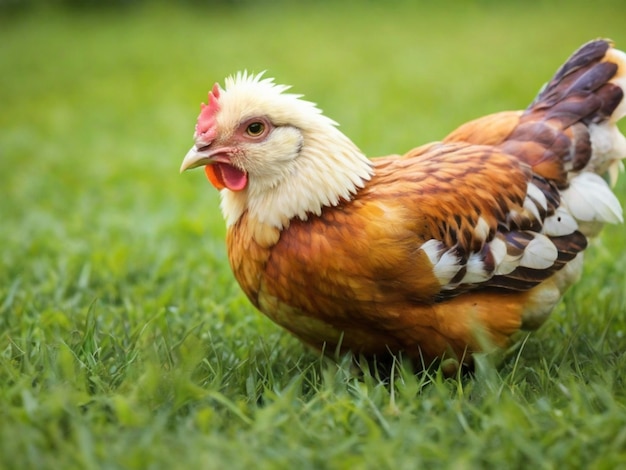 Beautiful Rooster standing on the grass in blurred nature green background