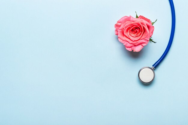 Beautiful rose heart and stethoscope on blue background. Thank you doctor and nurse day concept.