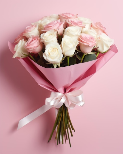 Beautiful roses bouquet with pink ribbon