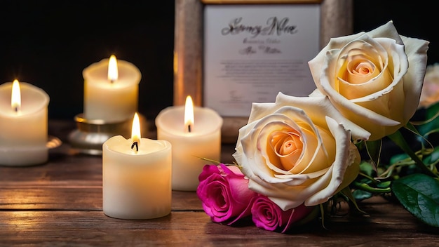 Photo beautiful roses and flowers petals with burning white candles on wooden table