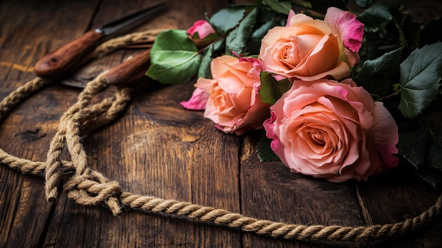 Photo beautiful roses and rope on wooden table closeup shot