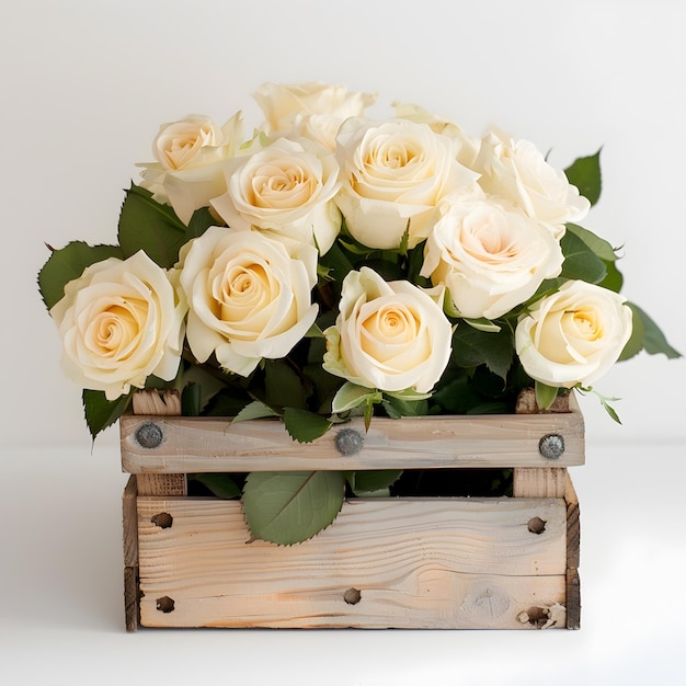 Beautiful roses in a wooden box