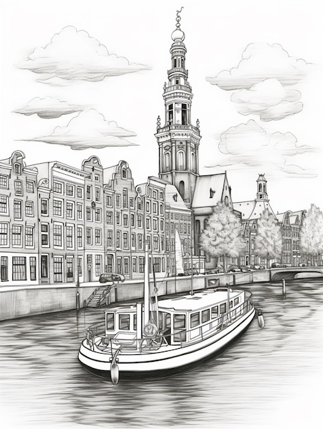 Beautiful rotterdam city black and white drawing picture AI Generated art