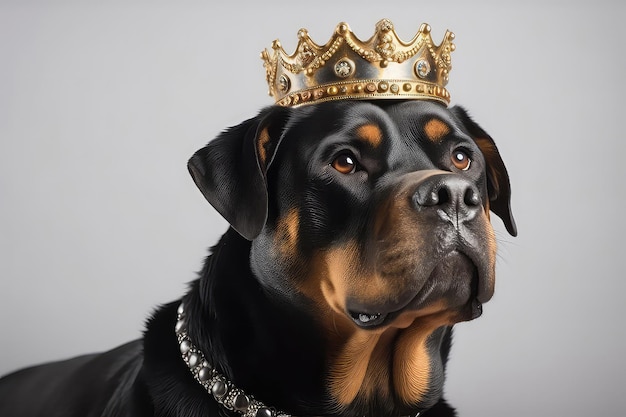 Beautiful Rottweiler Dog In Gold Crown On White Background Generative AI