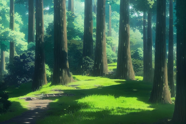 A beautiful rural nature forest an illustration in an anime background animation style