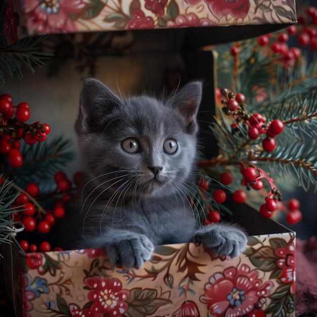 A beautiful russian blue kitten coming out of a luxury decorated gift box