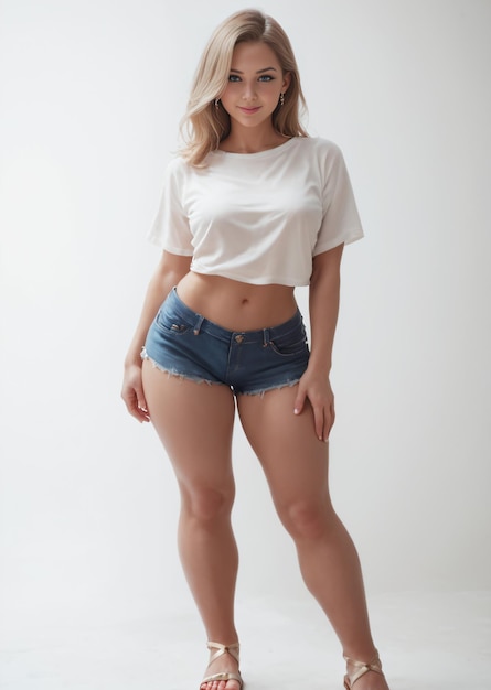 Beautiful Russian Girl posing in Denim Shorts and White Crop top