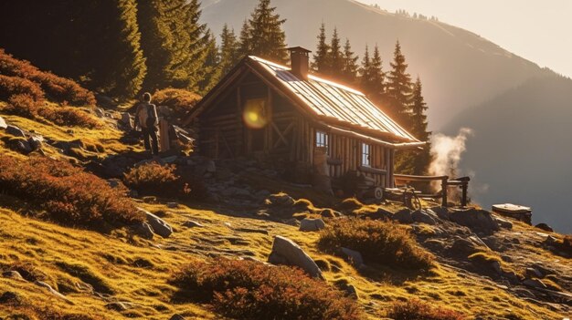 a beautiful rustic hut on an old farm in autumn generated by ai