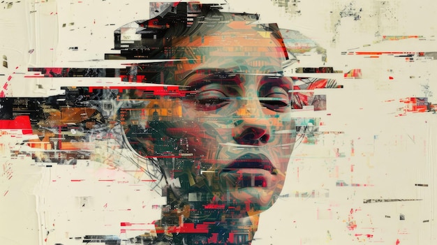 Beautiful sad woman Face closeup Glitch effect Theme of loneliness loss financial crisis melancholy depression divorce