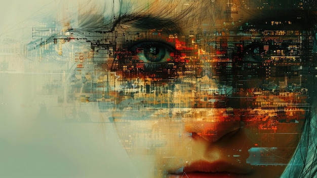 Beautiful sad woman Face closeup Glitch effect Theme of loneliness loss financial crisis melancholy depression divorce