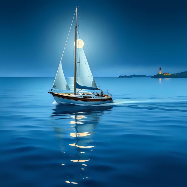 Beautiful Sailing Boat Under Full Moon Reflections on Water