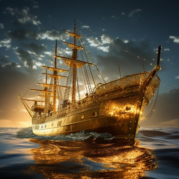 Beautiful sailing gold trawler images Generative AI