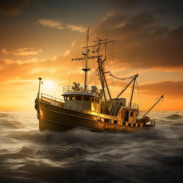 Beautiful sailing gold trawler images Generative AI