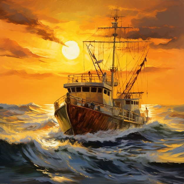 Beautiful sailing gold trawler images Generative AI