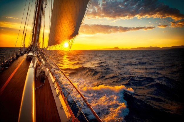 Beautiful sailing yacht at sunrise off coast of america from ship deck