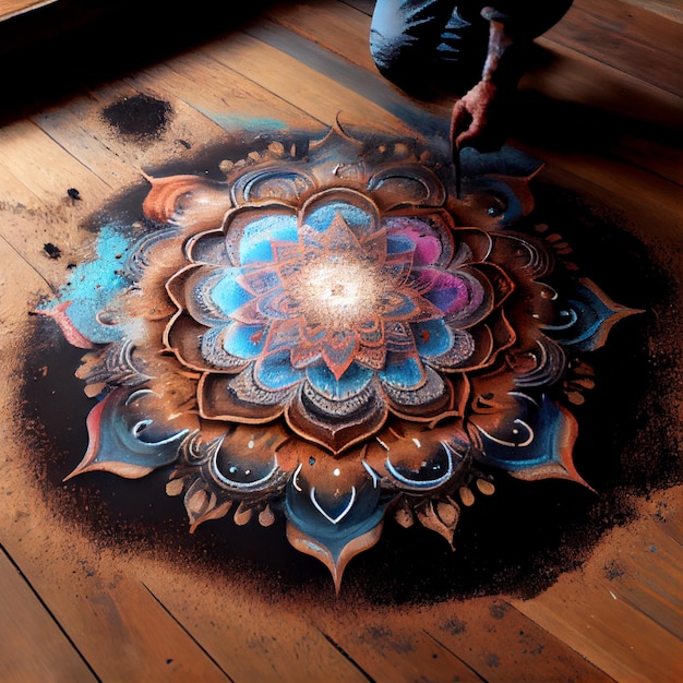 Beautiful sand mandala on wooden floor powder mandala