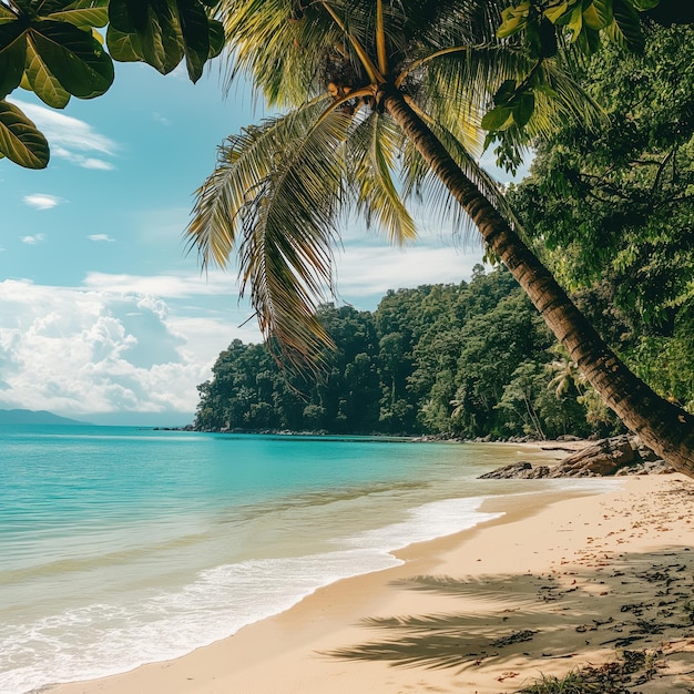 Beautiful sandy beach with exotic trees overlooking the ocean