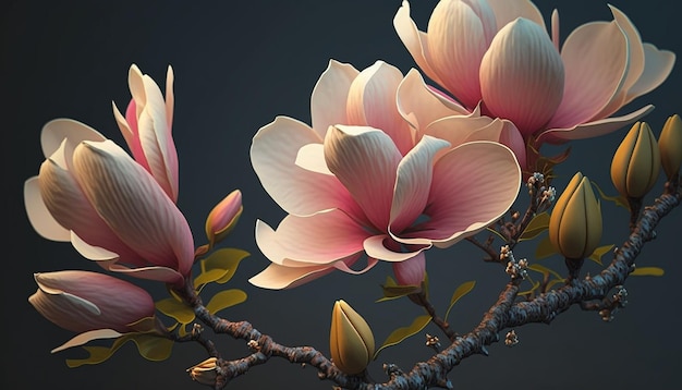 Beautiful saucer magnolia leaves flowers Created by Midjourney