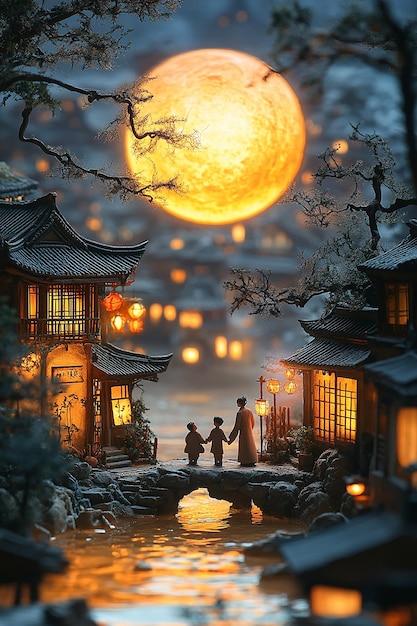 a beautiful scene of a castle with a couple holding hands and a full moon in the background