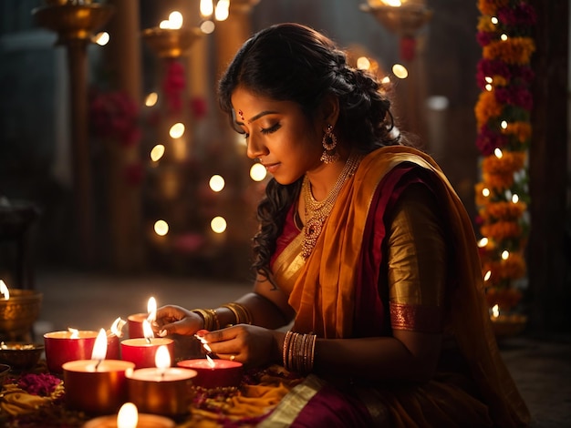 A beautiful scene of an Indian woman celebrating Diwali by candlelight