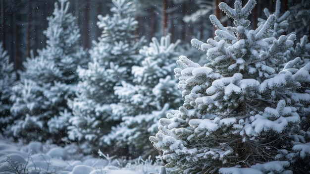 A beautiful scene of snowcovered spruce trees standing tall in a serene winter forest