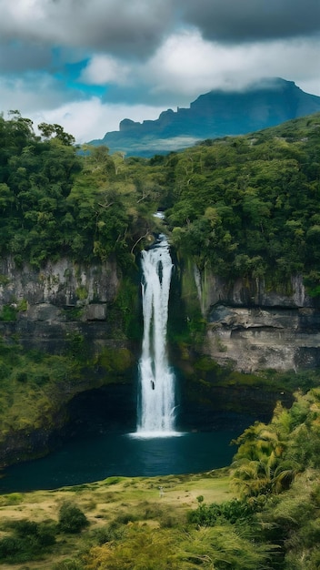 Beautiful scenery of chamarel waterfall in mauritius under a cloudy sky