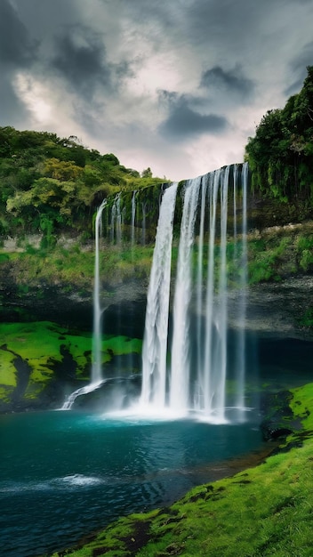 Beautiful scenery of chamarel waterfall in mauritius under a cloudy sky