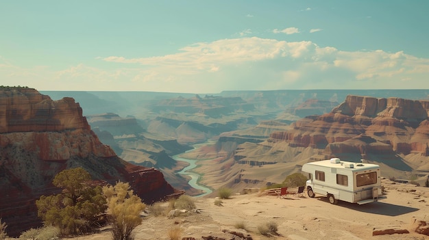 Beautiful scenery of Grand Canyon and camping car Traveling through deserts and canyons