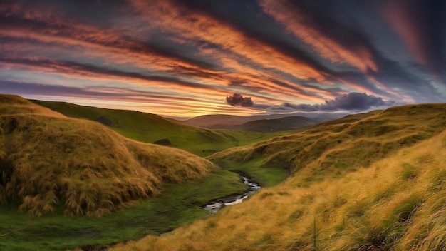 Beautiful scenery of high grassy hills under the breathtaking sunset sky