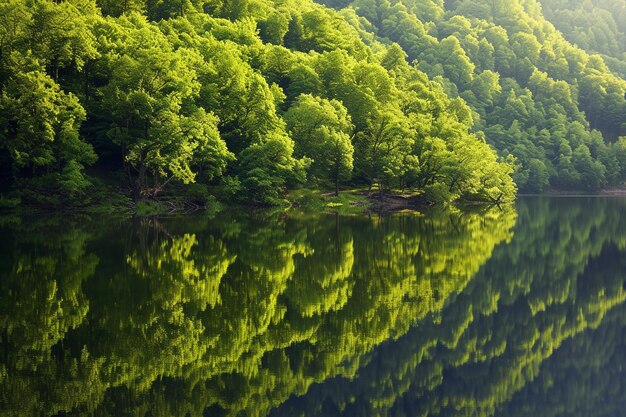 Beautiful scenery of a lake with the reflection od surrounding green trees