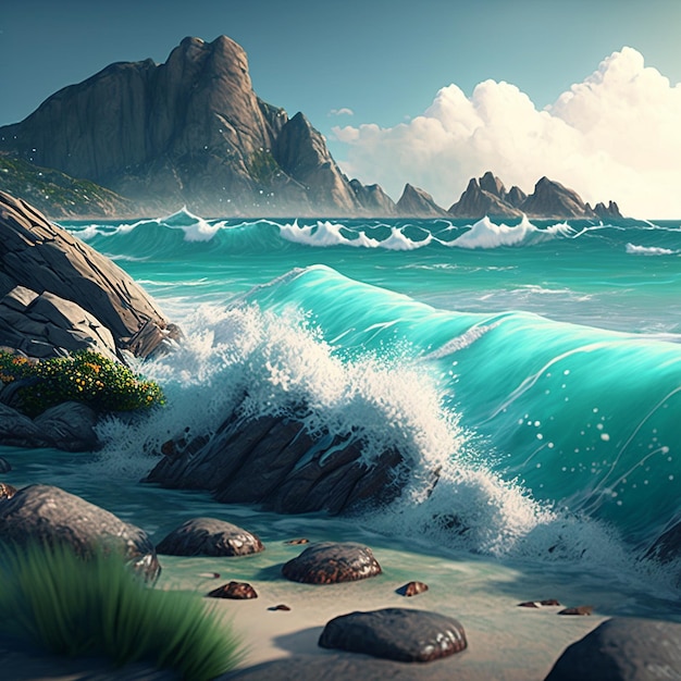 Beautiful scenery mountains are waves blue water sea painting Generative AI