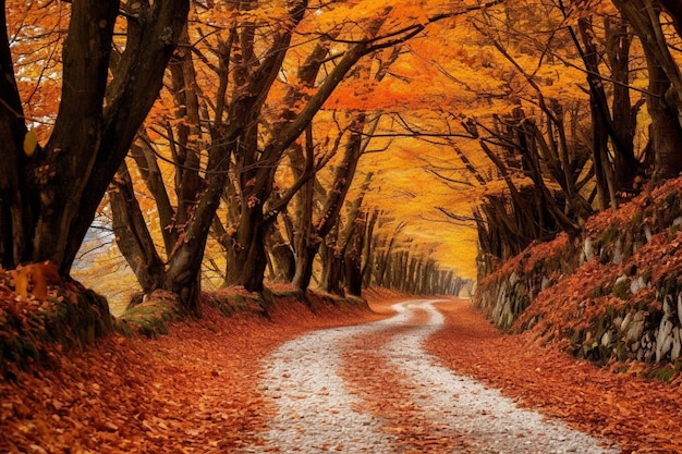 Photo beautiful scenery of the path through the fall trees in the forest