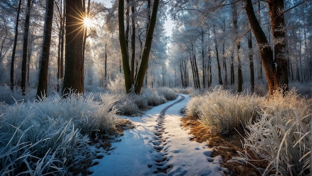 Beautiful scenery of a pathway in a forest in ice land with trees and snow