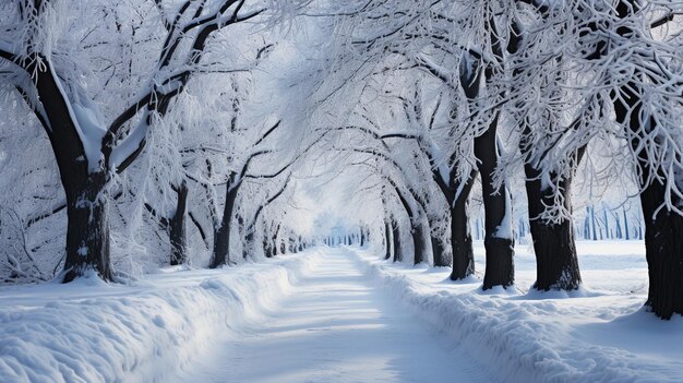 Beautiful scenery of a pathway in a forest with trees covered with frost