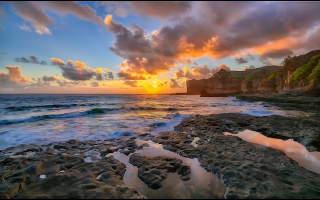 Beautiful scenery of rock formations by the sea at queens bath kauai hawaii at sunset