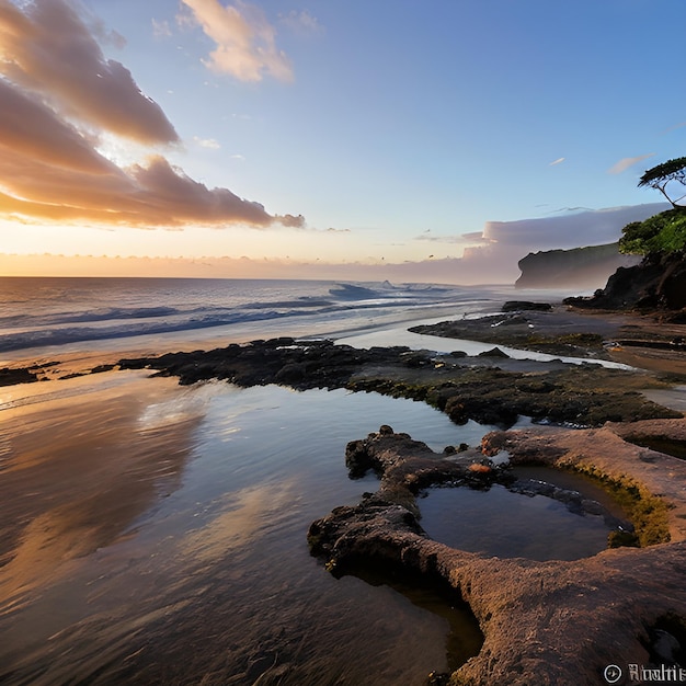 beautiful scenery of rock formations by the sea at queens bath kauai hawaii at sunset