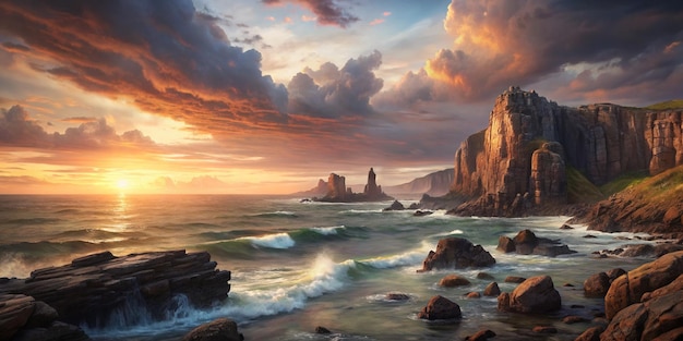 Beautiful scenery of rocky cliffs by the sea under a breathtaking cloudy sky at sunset