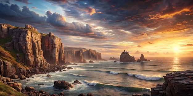 Beautiful scenery of rocky cliffs by the sea under a breathtaking cloudy sky at sunset