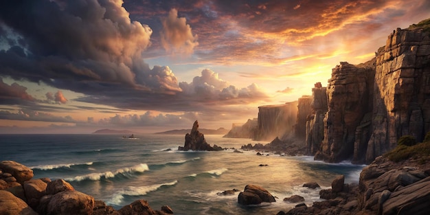 Beautiful scenery of rocky cliffs by the sea under a breathtaking cloudy sky at sunset