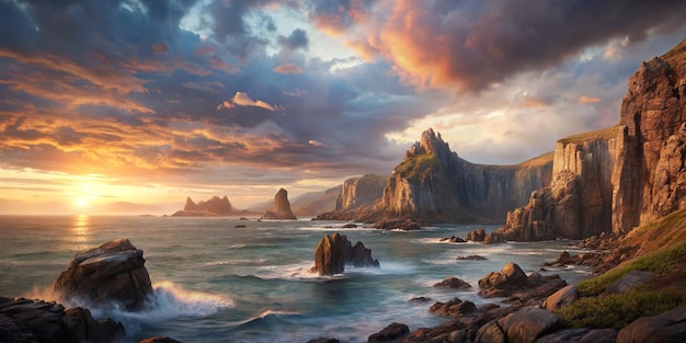 Beautiful scenery of rocky cliffs by the sea under a breathtaking cloudy sky at sunset