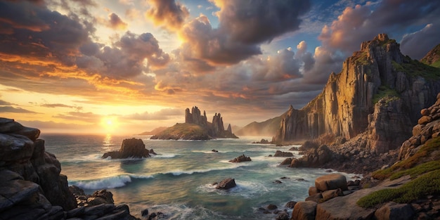 Beautiful scenery of rocky cliffs by the sea under a breathtaking cloudy sky at sunset