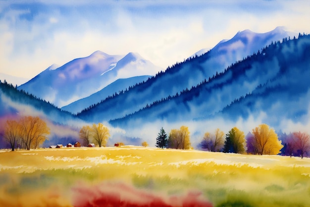 A beautiful scenery Serene Summer Mountains A Breathtaking Watercolor Scenery Generative AI