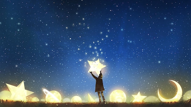 beautiful scenery showing the young boy standing among glowing planets and holding the star up in the night sky, digital art style, illustration painting