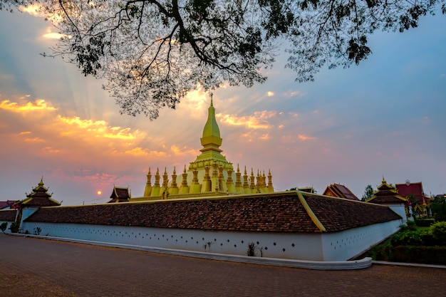 Beautiful scenery at sunrise Wat Phra That Luang, Vientiane, Lao PDR