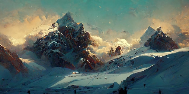 Beautiful scenic himalayas covered in snow. Digital Ilustration, background