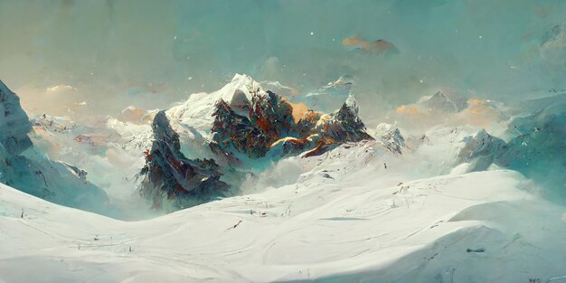 Beautiful scenic himalayas covered in snow. Digital Ilustration, background