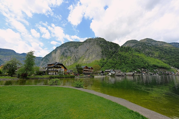 Beautiful scenic landscape over Austrian alps lake in Hallstatt Salzkammergut Austria