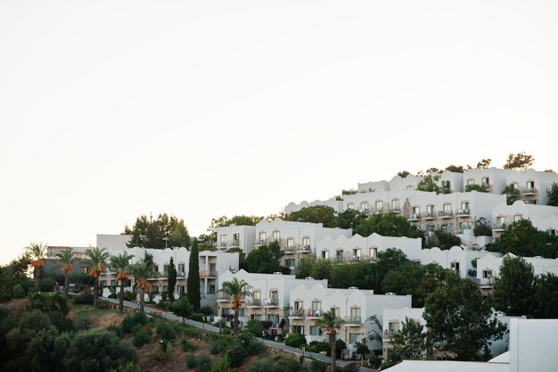 Beautiful scenic landscape with small buildings on mountain with palms Exotic scenery resort Popular landmark famous destination of Bodrum Turkey